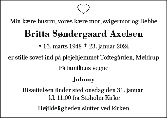 Dødsannonce for Britta Søndergaard Axelsen