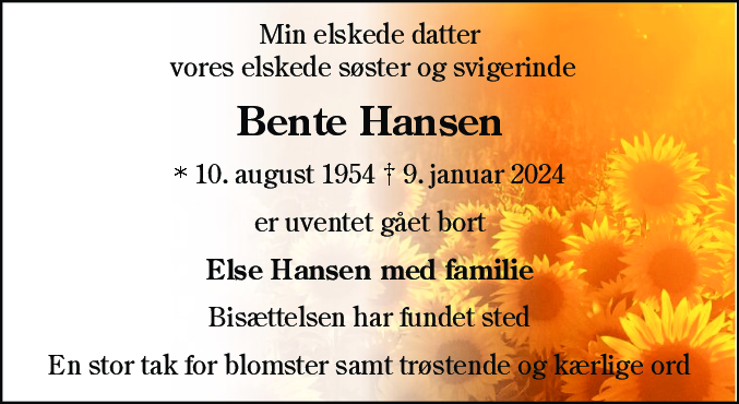 Dødsannonce for Bente Hansen