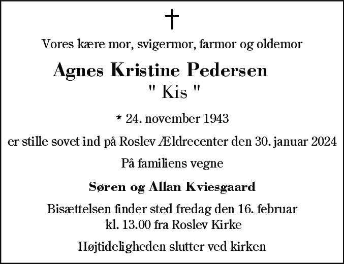 Dødsannonce for Agnes Kristine Pedersen