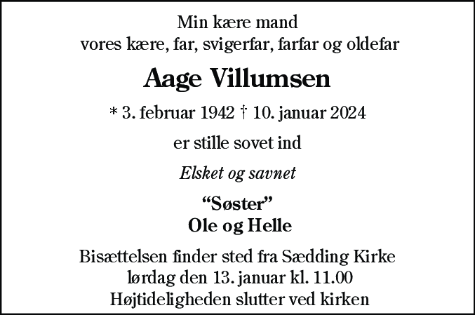 Dødsannonce for Aage Villumsen