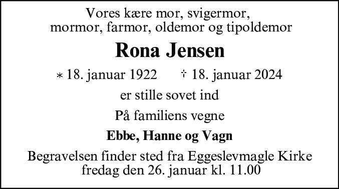 Dødsannonce for Rona Jensen