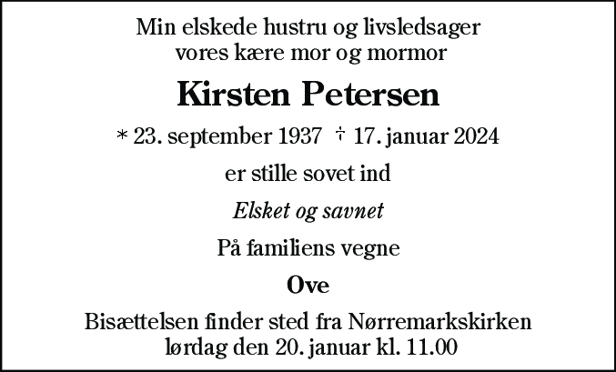 Dødsannonce for Kirsten Petersen