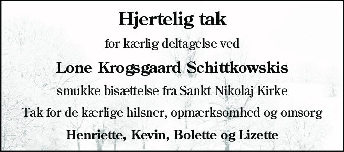 Dødsannonce for Lone Krogsgaard Schittkowski