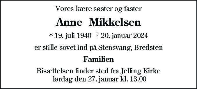Dødsannonce for Anne Kirstine Mikkelsen