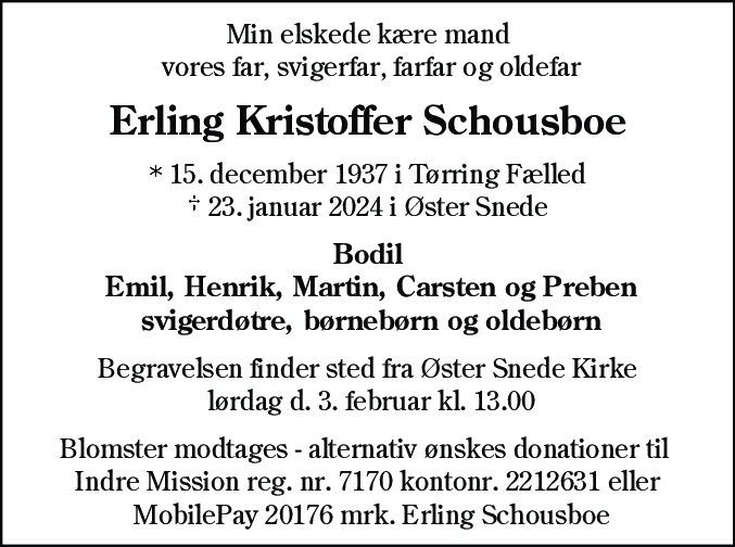 Dødsannonce for Erling Kristoffer Schousboe