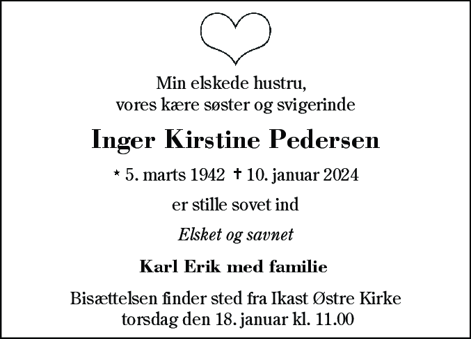 Dødsannonce for Inger Kirstine Pedersen