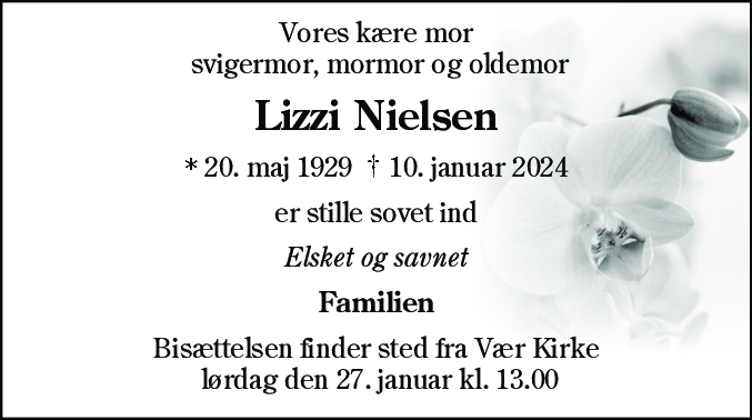 Dødsannonce for Lizzi Nielsen