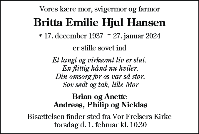 Dødsannonce for Britta Emilie Hjul Hansen