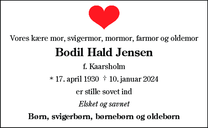 Dødsannonce for Bodil Hald Jensen