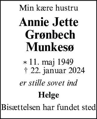 Dødsannonce for Annie Jette Grønbech Munkesø