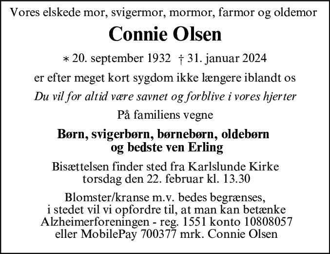 Dødsannonce for Connie Olsen