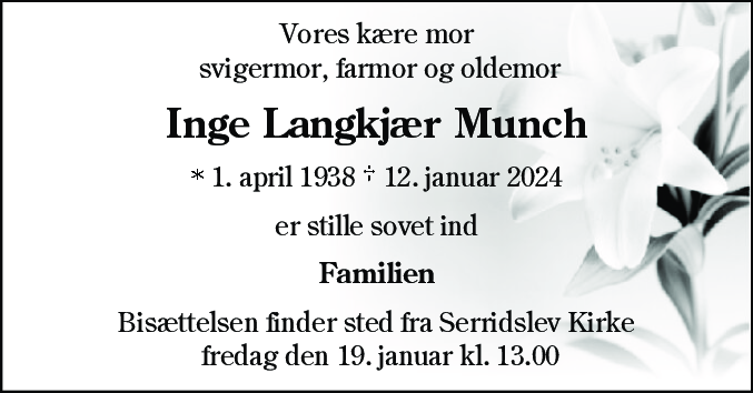Dødsannonce for Inge Langkjær Munch