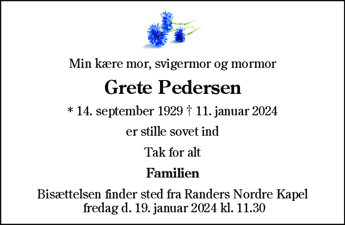 Dødsannonce for Grete Pedersen