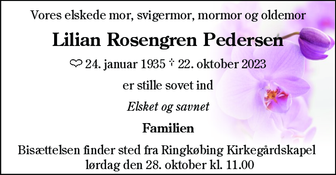 Dødsannonce for Lilian Rosengren Pedersen