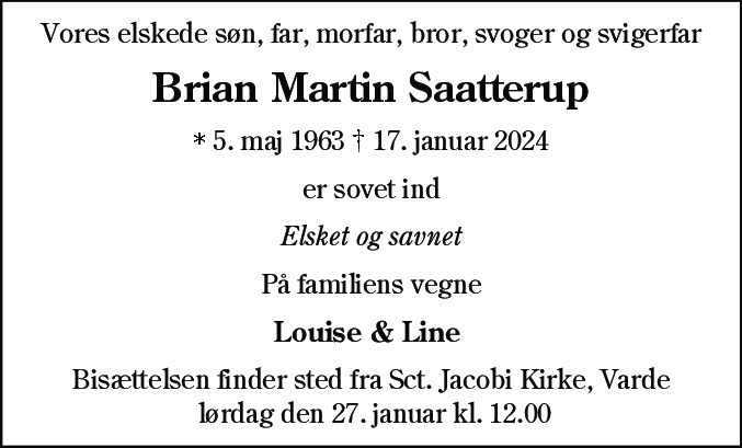Dødsannonce for Brian Martin Saatterup