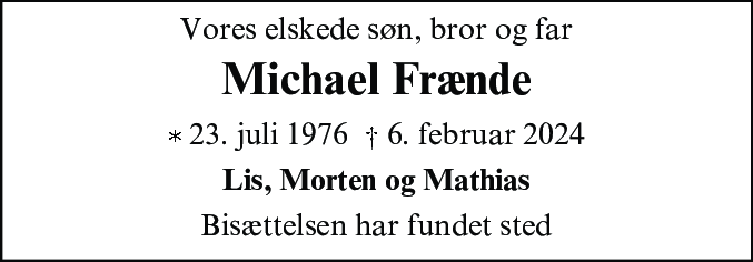 Dødsannonce for Michael Frænde