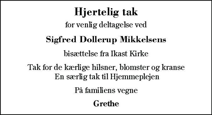 Dødsannonce for Sigfred Dollerup Mikkelsen