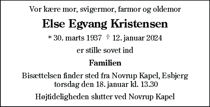 Dødsannonce for Else Egvang Kristensen