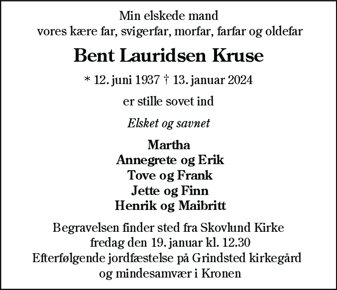 Dødsannonce for Bent Lauridsen Kruse