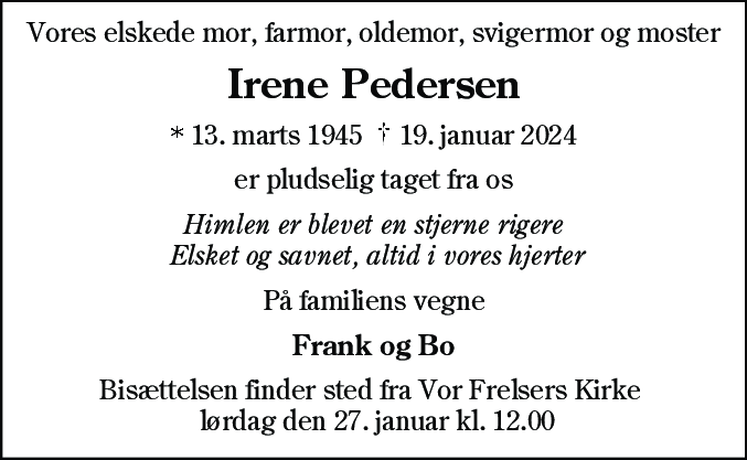Dødsannonce for Irene Pedersen