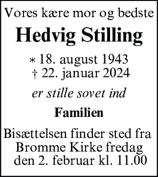 Dødsannonce for Hedvig Bækgaard Stilling