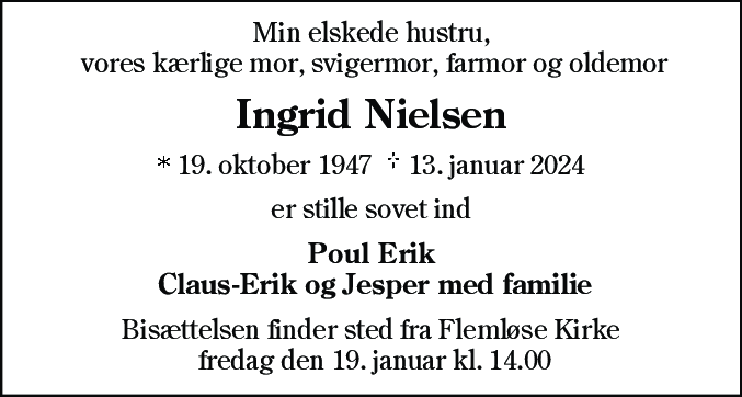 Dødsannonce for Ingrid Nielsen
