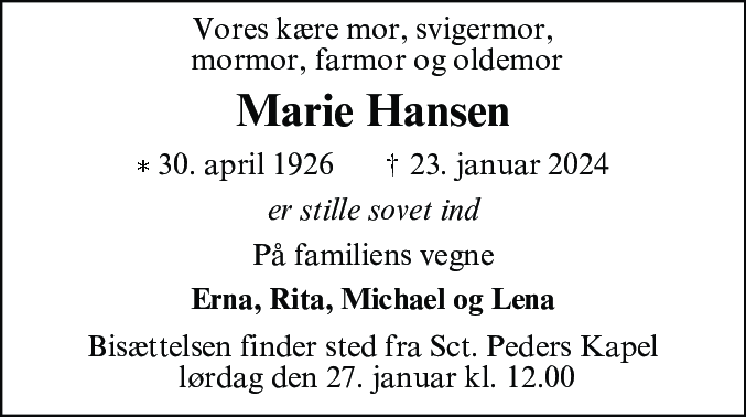 Dødsannonce for Jensine Marie Hansen
