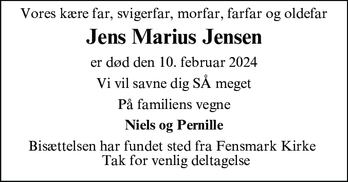 Dødsannonce for Jens Marius Jensen