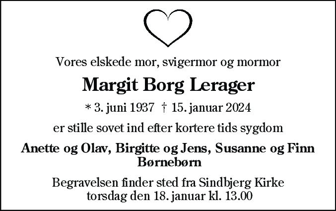 Dødsannonce for Margit Borg Lerager