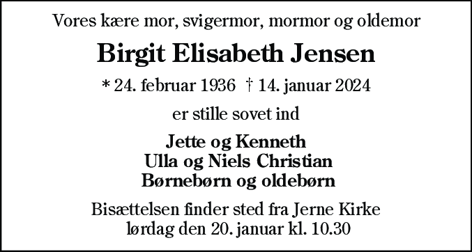 Dødsannonce for Birgit Elisabeth Jensen