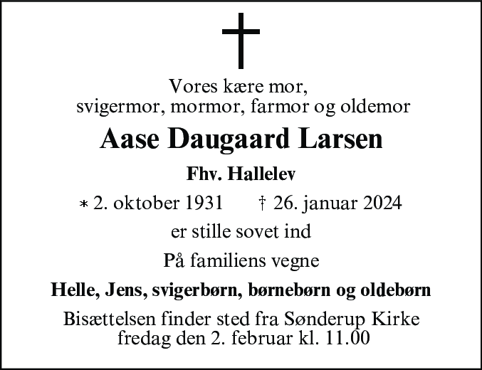 Dødsannonce for Aase Daugaard Larsen