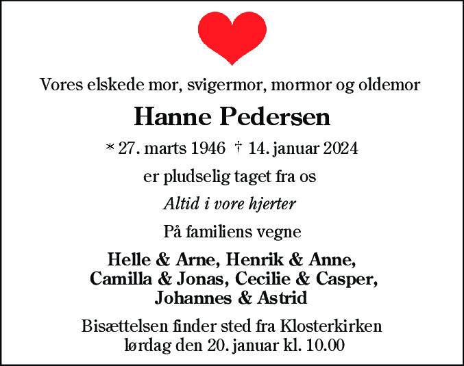 Dødsannonce for Hanne Pedersen