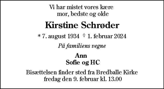 Dødsannonce for Kirstine Schrøder