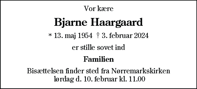 Dødsannonce for Bjarne Haargaard