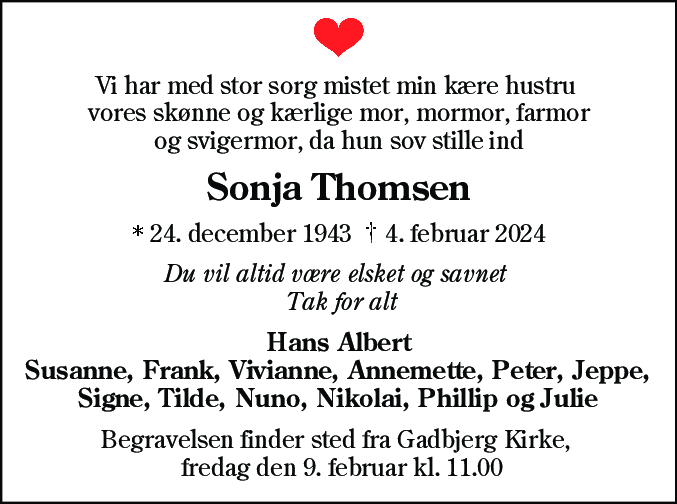Dødsannonce for Sonja Thomsen