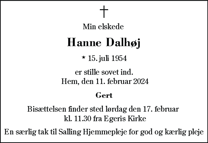 Dødsannonce for Hanne Dalhøj