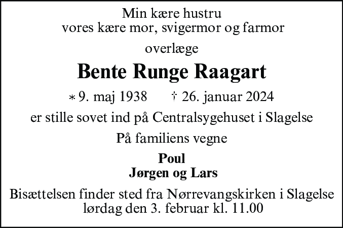 Dødsannonce for Bente Runge Raagart