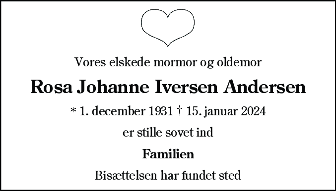 Dødsannonce for Rosa Johanne Iversen Andersen