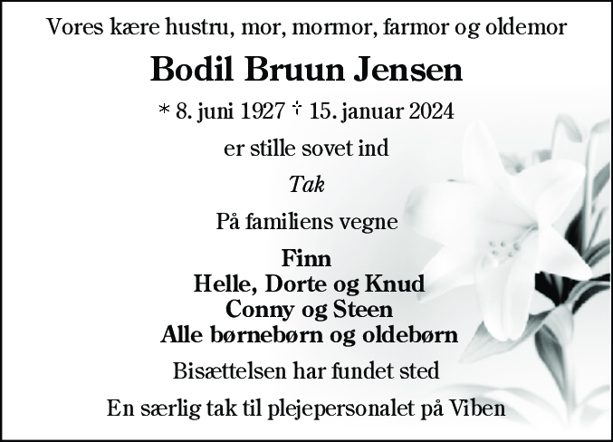 Dødsannonce for Bodil Bruun Jensen