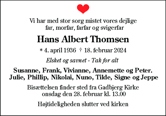 Dødsannonce for Hans Albert Thomsen