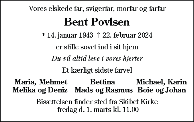 Dødsannonce for Bent Povlsen
