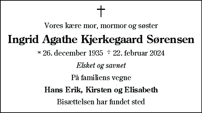 Dødsannonce for Ingrid Agathe Kjerkegaard Sørensen