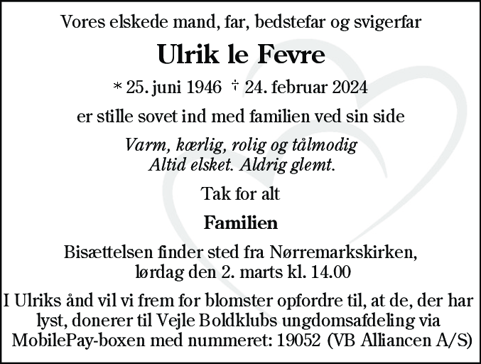 Dødsannonce for Ulrik le Fevre
