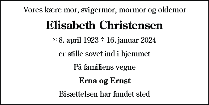 Dødsannonce for Elisabeth Christensen