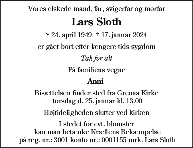 Dødsannonce for Lars Sloth