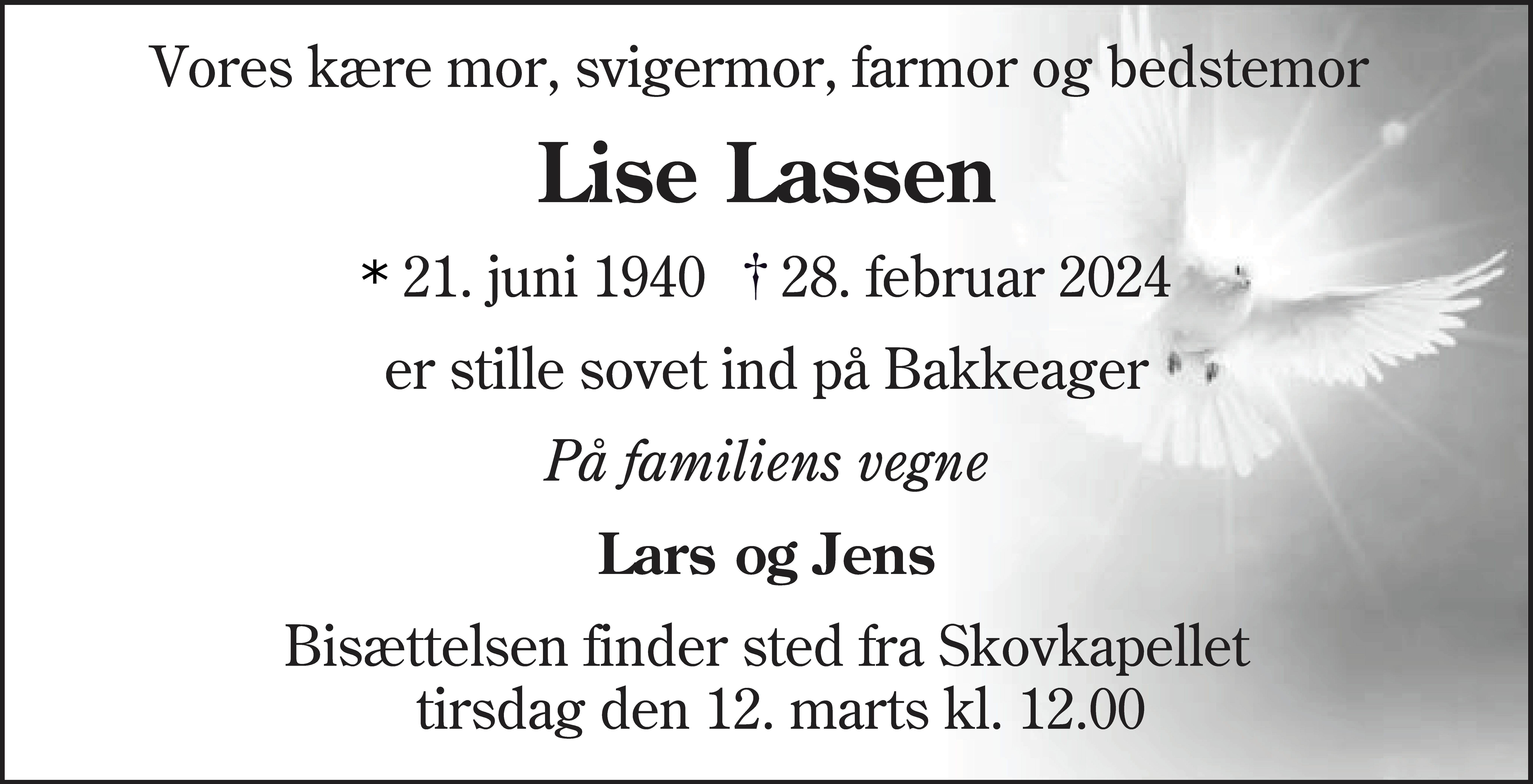 Dødsannonce for Lise Lassen