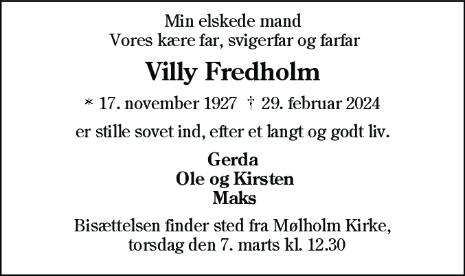 Dødsannonce for Villy Fredholm