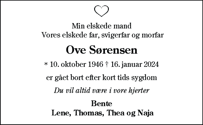 Dødsannonce for Ove Sørensen