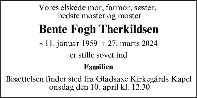 Dødsannonce for Bente Fogh Therkildsen