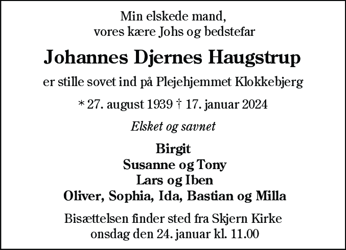 Dødsannonce for Johannes Djernes Haugstrup